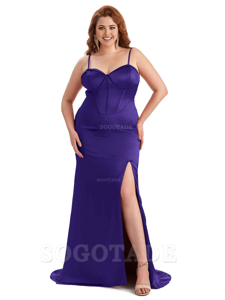 Sexy Spaghetti Straps Side Slit Sleeveless Mermaid Soft Satin Long Bridesmaid Dress Plus Size Dress To Wear to a Wedding