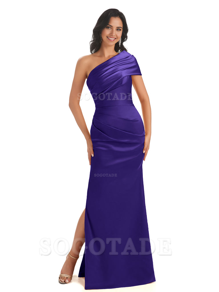 Mermaid One Shoulder Satin Long formal dresses evening gown Bridesmaid Dresses With Side Slit 