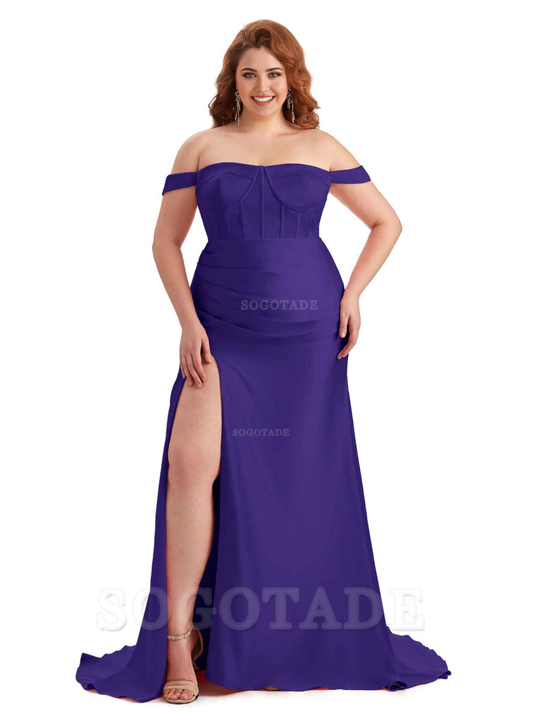 Elegant Off The Shoulder Side Slit Mermaid Soft Satin Floor Length Long Plus Size Bridesmaid Gowns