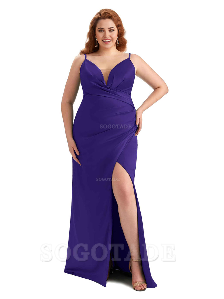 Sexy Side Slit Spaghetti Straps Sleeveless Mermaid V-neck Soft Satin Long Plus Size Bridesmaid Dress For Wedding