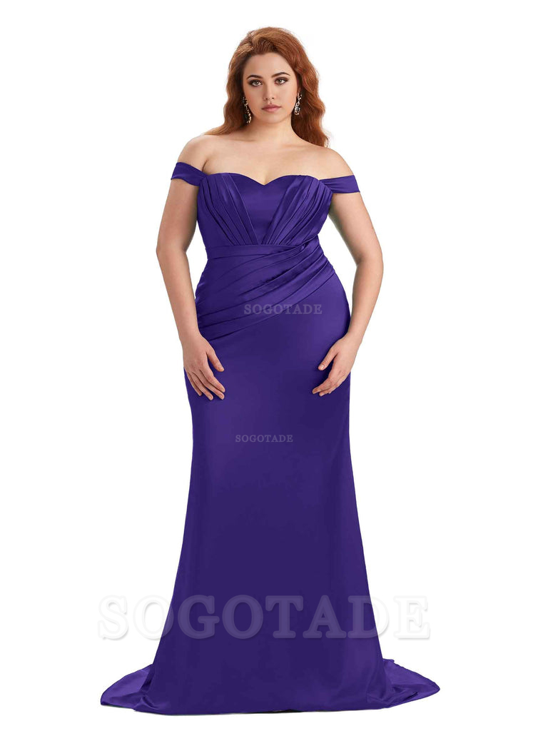 Sexy Mermaid Off The Shoulder Sweetheart Soft Satin Floor Length Long Plus Size Maid of Honor Dresses
