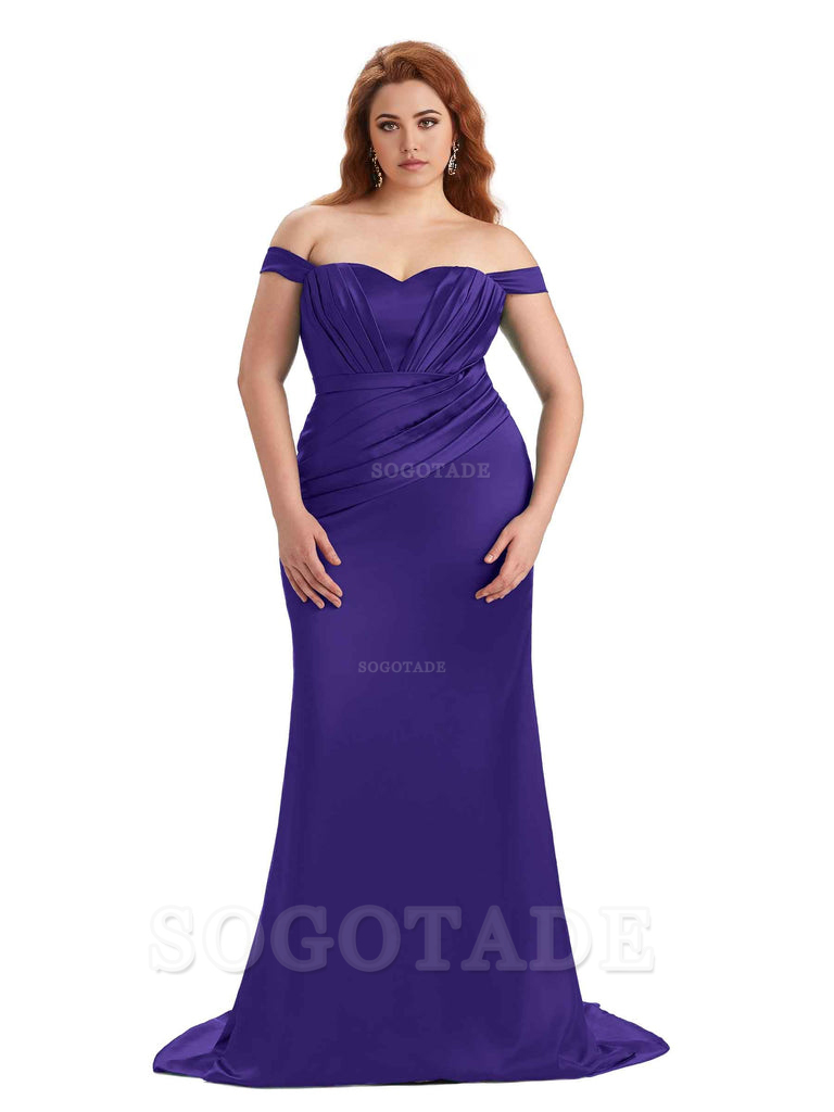 Sexy Mermaid Off The Shoulder Sweetheart Soft Satin Floor Length Long Plus Size Maid of Honor Dresses