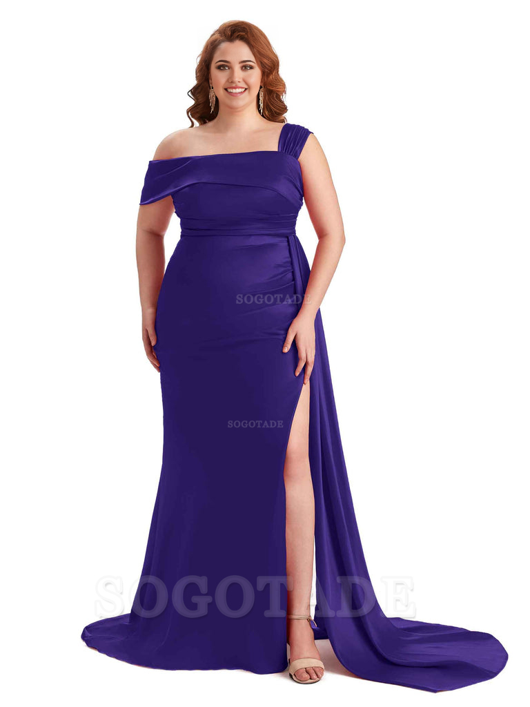 Sexy Side Hight Slit One Shoulder Mermaid Soft Satin Long Plus Size With Train Matron of Honor Dresses