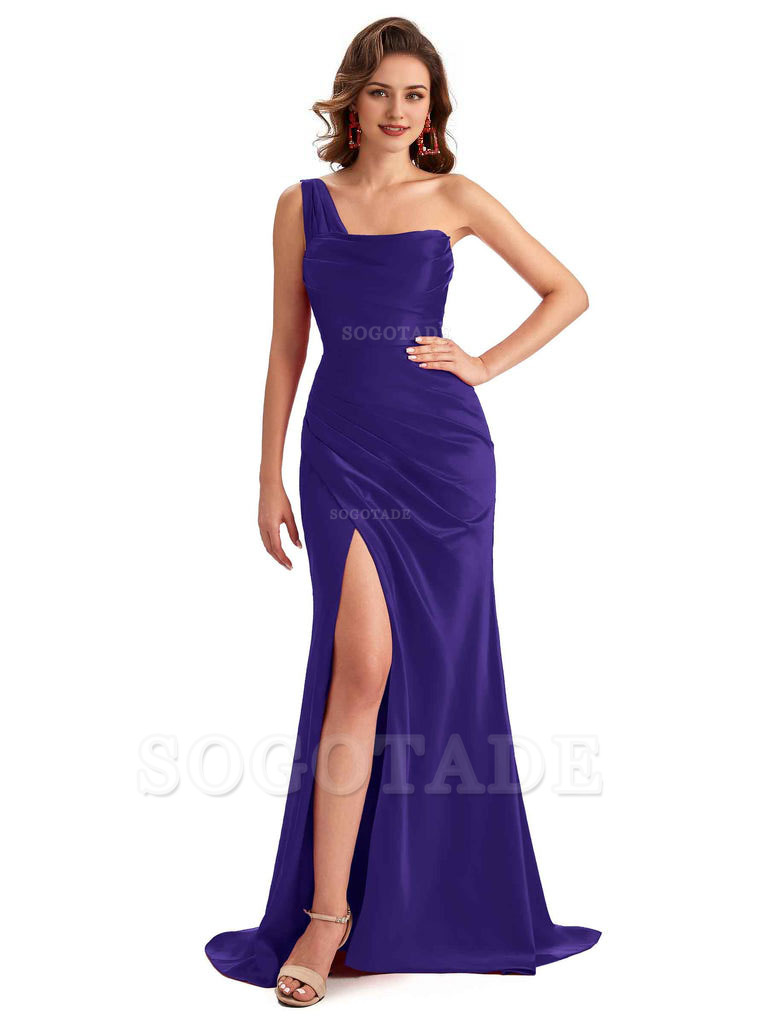 Sexy One Shoulder Side Slit Silky Satin Chic Long Mermaid Trumpet Bridesmaid Dress
