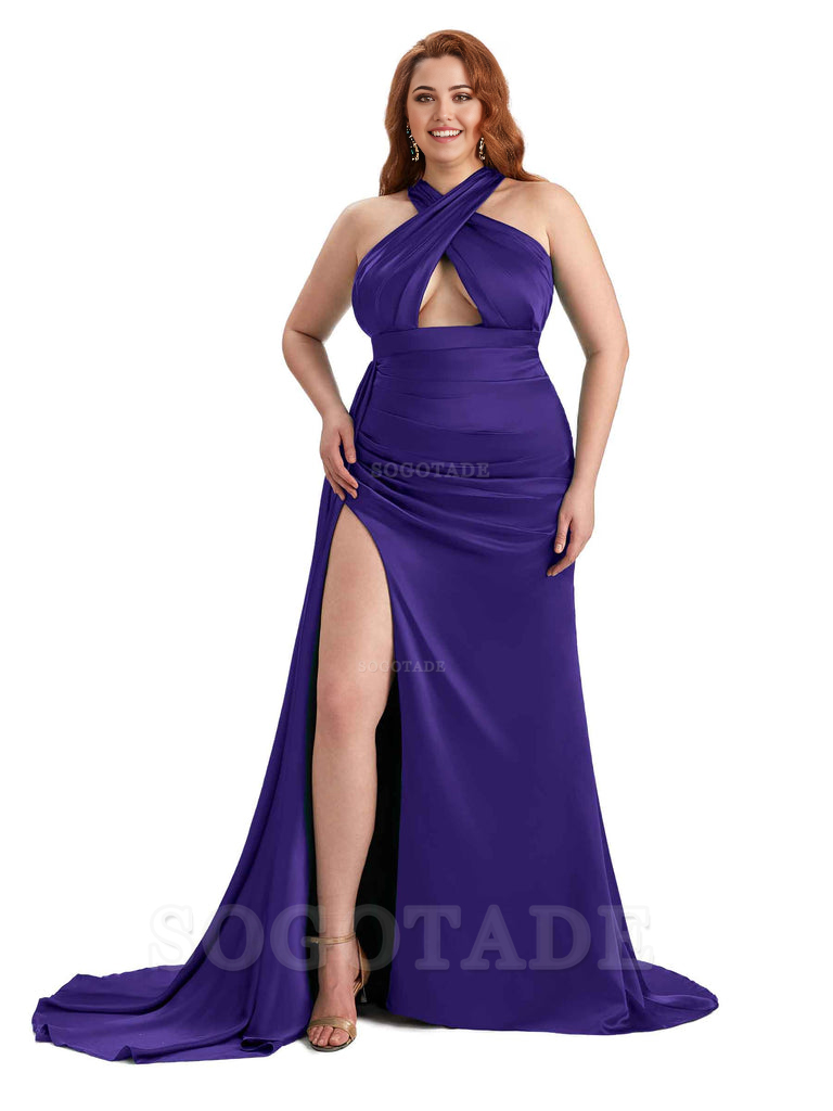 Sexy Halter Side Hight Slit Sleeveless Mermaid Soft Satin Long Plus Size Bridesmaid Dress For Wedding