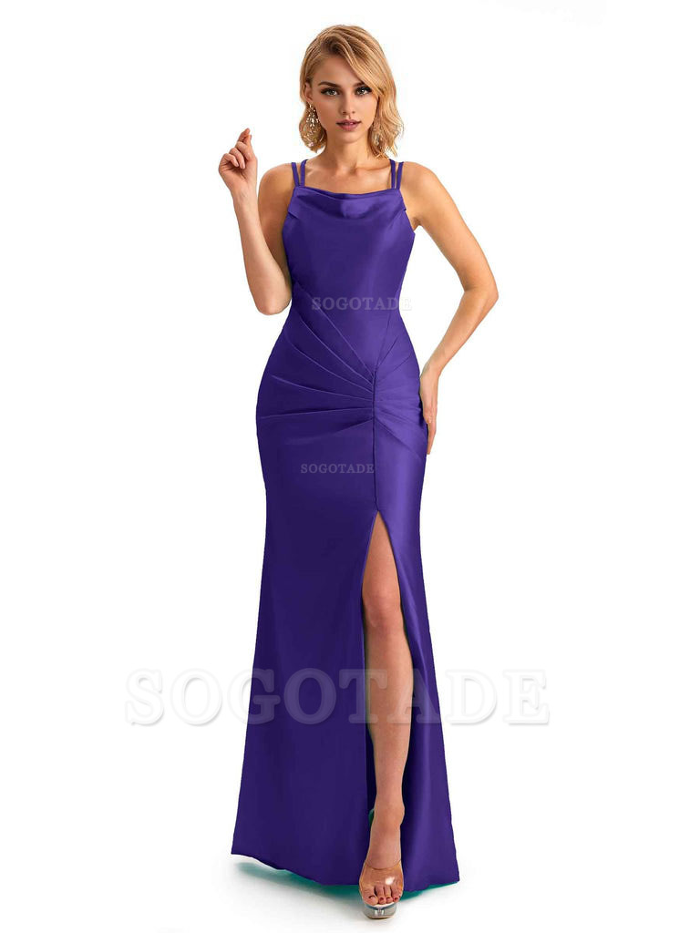 Soft Satin Spaghetti Straps Side Slit Long Unique Mermaid Beautiful Dresses For Wedding