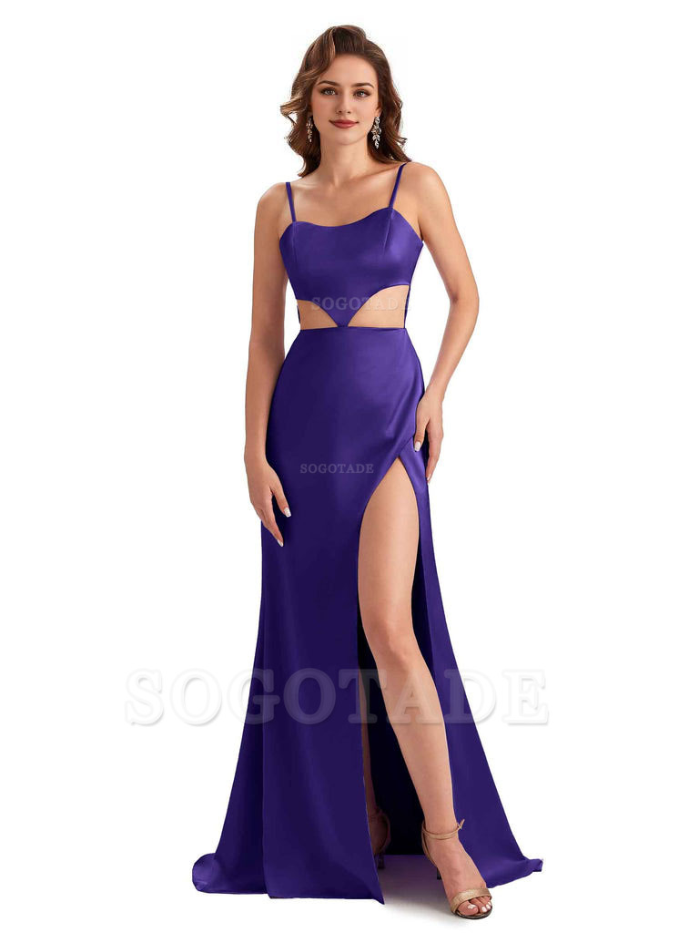 Sexy Satin Side Slit Spaghetti Straps Mermaid Long Unique Curve Wedding Guest Dresses