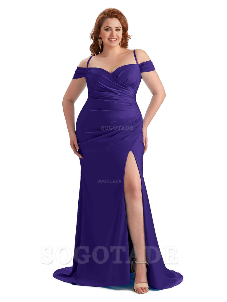 Sexy Side Slit Sleeveless Cold Shoulder Mermaid Soft Satin Long Plus Size Maid of Honor Dresses