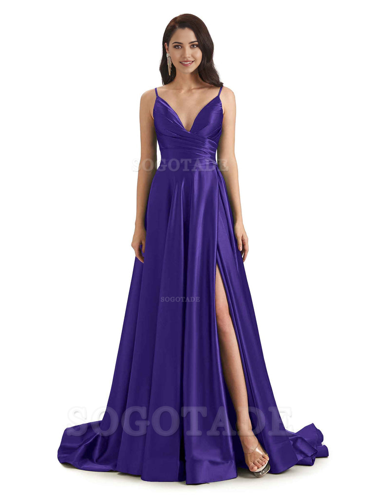 Spaghetti Straps Satin formal dresses evening gown Bridesmaid Dresses With Side Slit 
