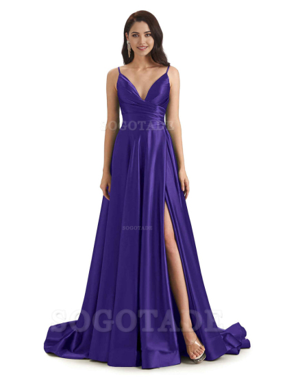 Spaghetti Straps Satin formal dresses evening gown Bridesmaid Dresses With Side Slit 