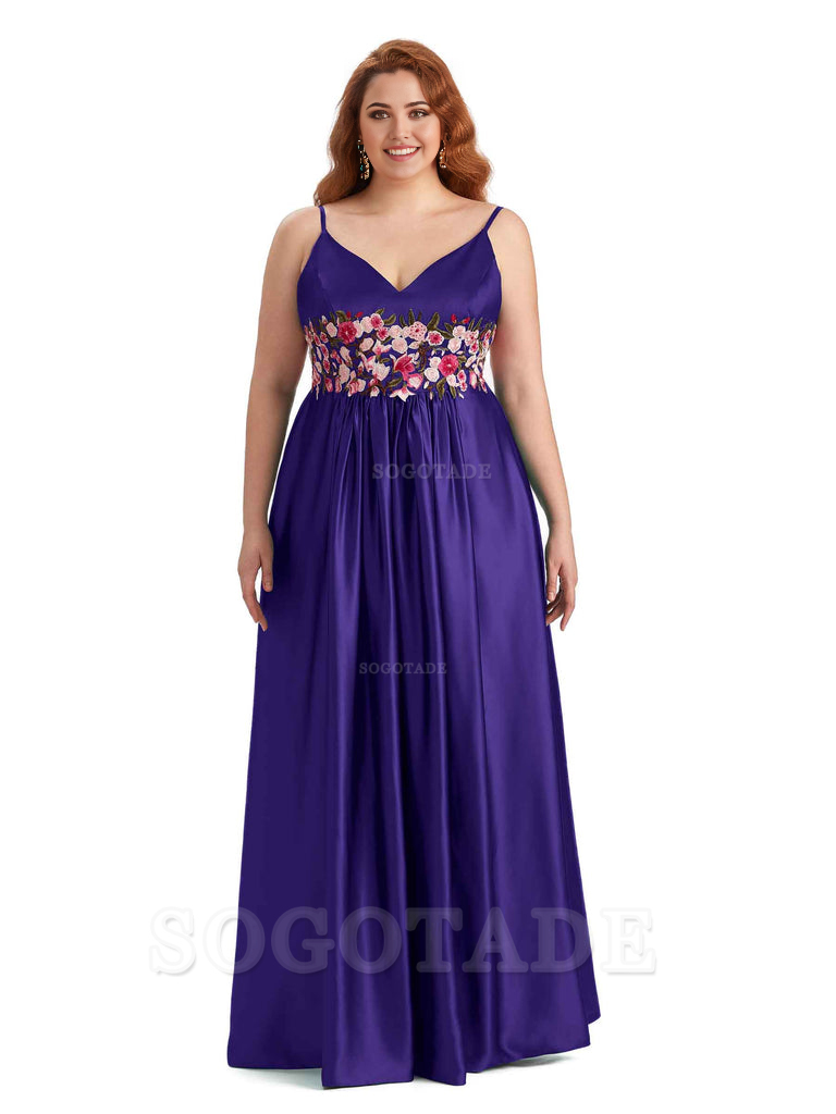 Unique Lace Spaghetti Straps Sleeveless Soft Satin Long Plus Size Bridesmaid Dress For Wedding