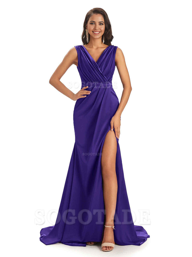 A-line V-neck Floor-Length Satin formal dresses evening gown Bridesmaid Dresses With Side Slit 