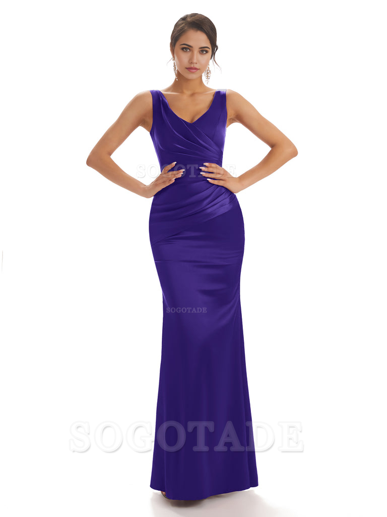 Sheath Sleeveless V-neck Floor-Length Satin formal dresses evening gown Bridesmaid Dresses With Pleats 