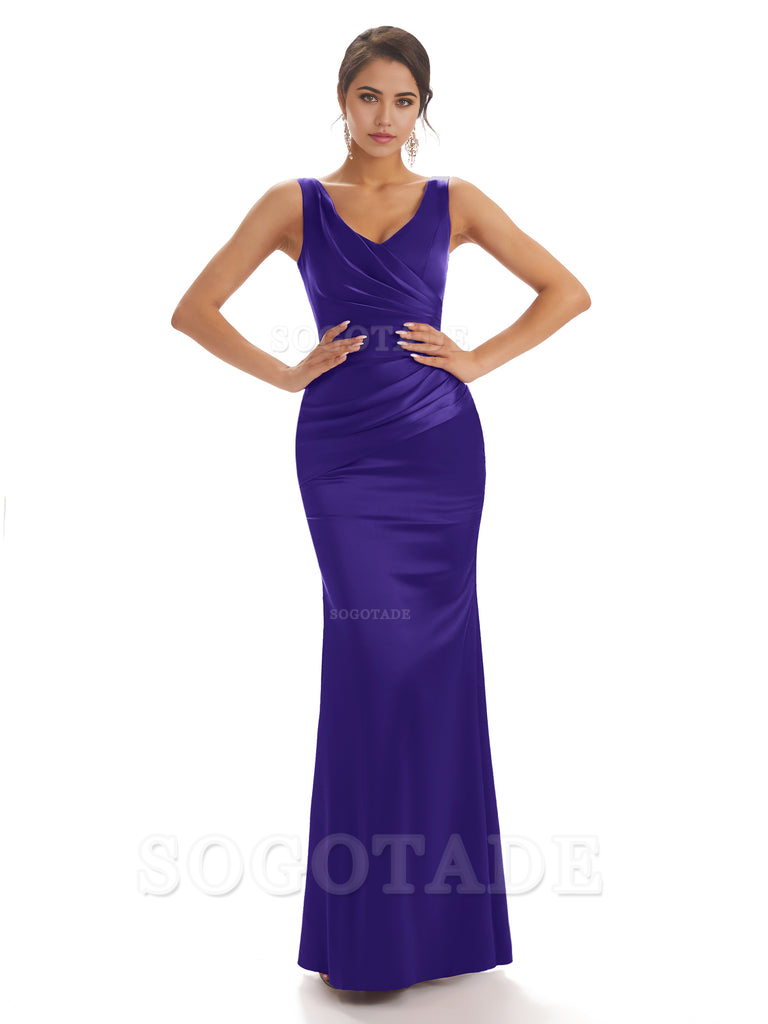 Sheath Sleeveless V-neck Floor-Length Satin formal dresses evening gown Bridesmaid Dresses With Pleats 