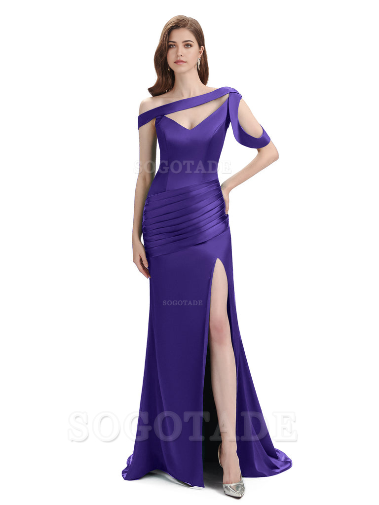 Mermaid V-Neck Satin Floor-Length formal dresses evening gown Bridesmaid Dresses With Side Slit 