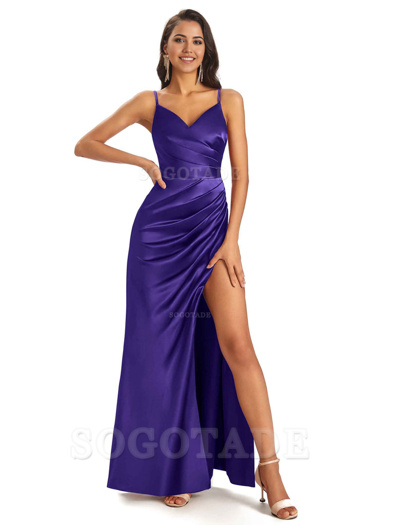 Sheath V-Neck Spaghetti Straps formal dresses evening gown Bridesmaid Dresses With Side Slit 