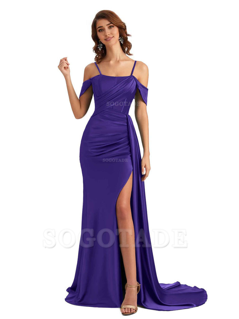 Sexy Side Slit Cold Shoulder Mermaid Satin Chic Long Wedding Guest Dresses
