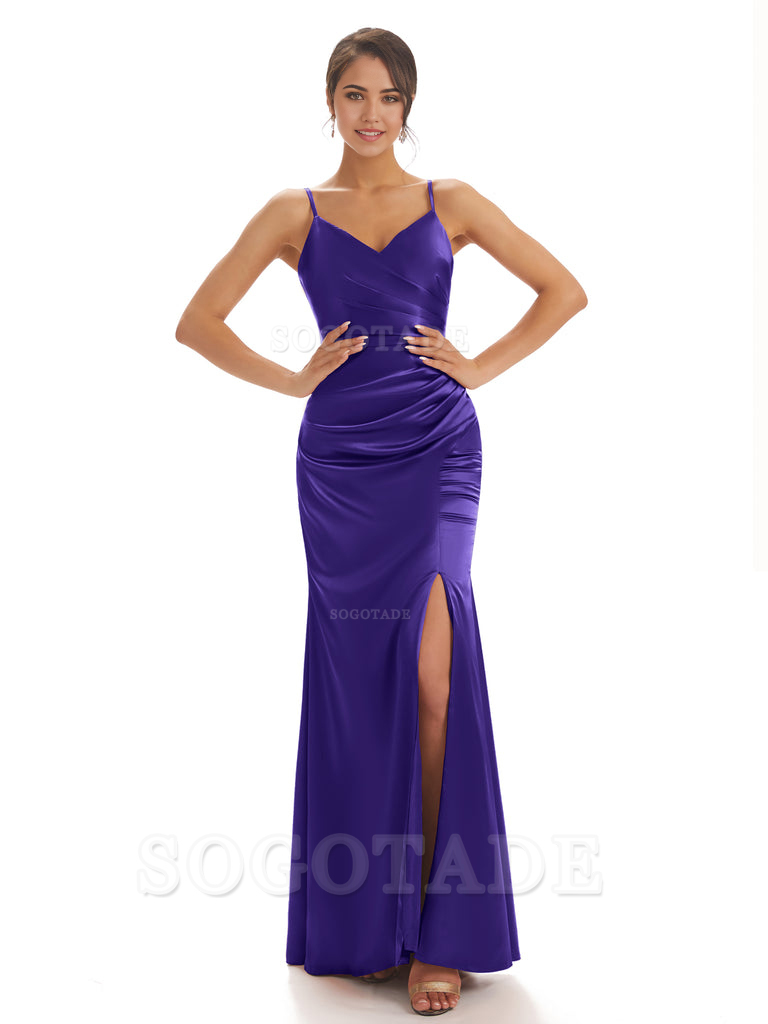 Spaghetti Straps Pleats Satin formal dresses evening gown Bridesmaid Dresses With Side Slit 