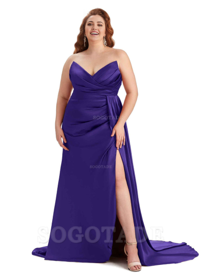 Sexy V-neck Side Slit Sleeveless Mermaid Soft Satin Long Plus Size Bridesmaid Gowns