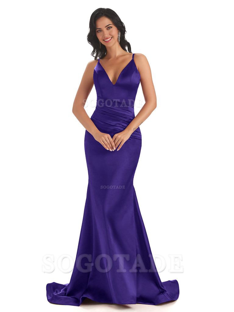 Mermaid Spaghetti V-Neck Straps Satin Long formal dresses evening gown Bridesmaid Dresses With Side Slit 