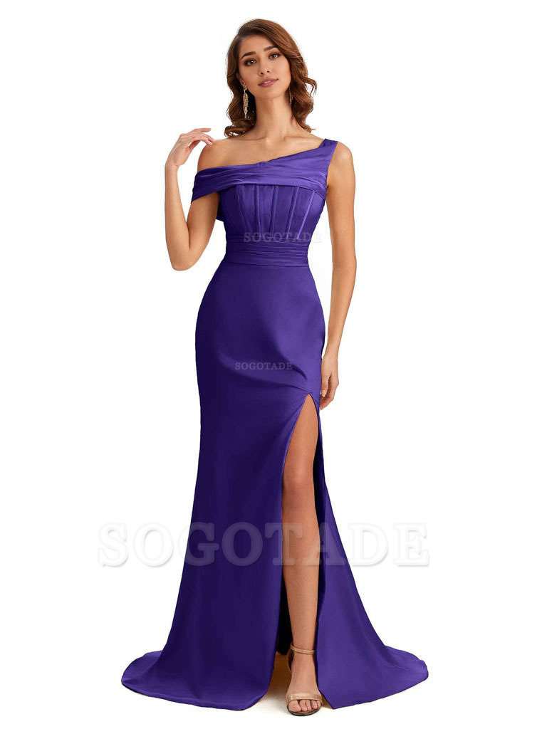 Elegant Asymmetrical Neck Soft Satin Side Slit Long Mermaid Bridesmaid Dresses