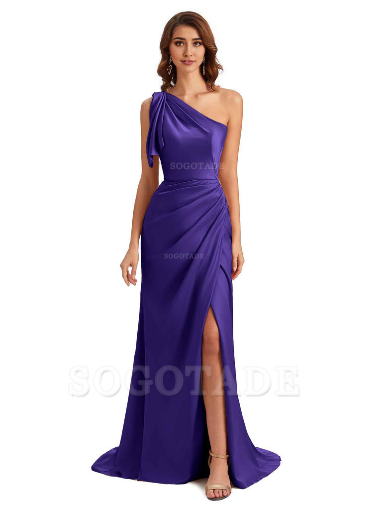 Sexy One Shoulder Mermaid Side Slit Unique Silky Satin Bridesmaid Dresses 