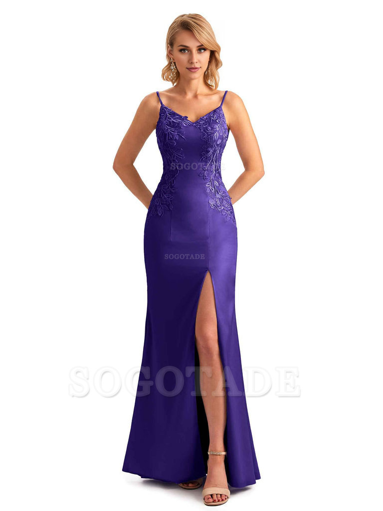 Sexy Side Split Mermaid Spaghetti Straps Soft Satin Unique Lace Long Bridesmaid Dresses