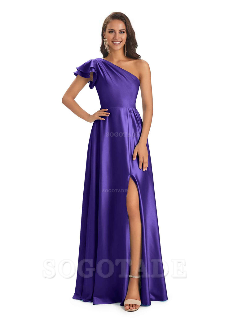 A-Line One Shoulder Ladies Long Bridesmaid Dresses Soft Satin Side Slit Elegant Evening Party Dress