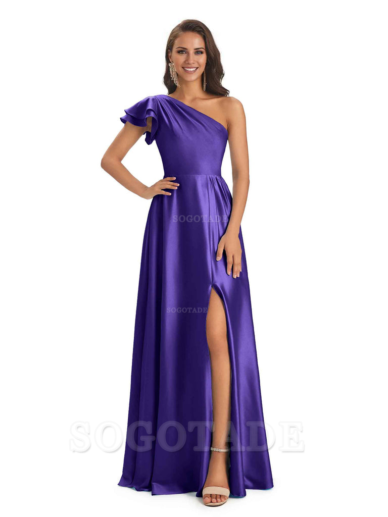 A-Line One Shoulder Ladies Long Bridesmaid Dresses Soft Satin Side Slit Elegant Evening Party Dress