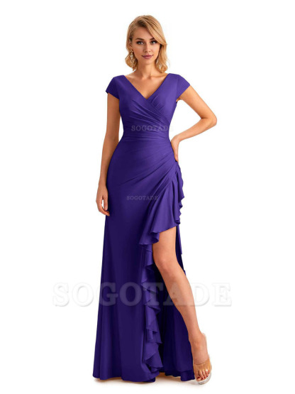 Sexy Side Slit Short Sleeves Mermaid Soft Satin Unique Long Maid Of Honor Dresses