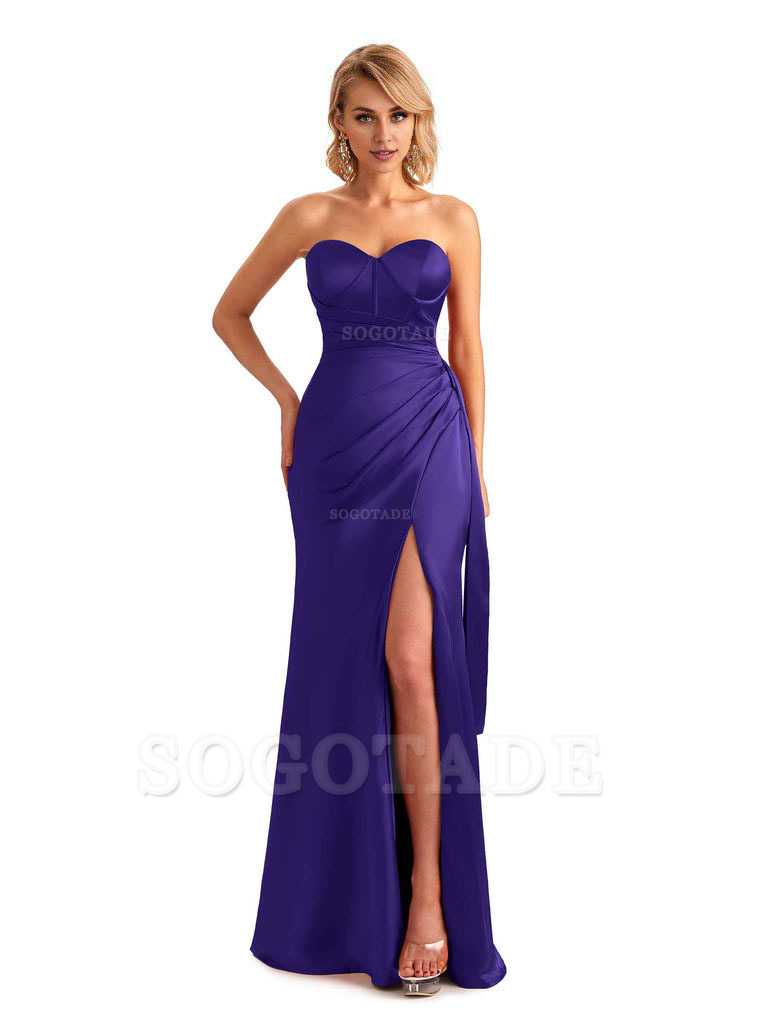 Sexy Side Slit Strapless Mermaid Soft Satin Unique Long Bridesmaid Dress For Wedding
