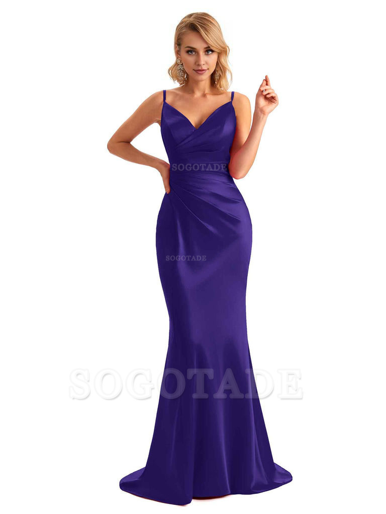  Sexy Backless Mermaid Spaghetti Straps Unique Long Formal Satin Dress For Women