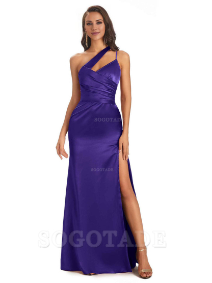 Elegant Soft Satin Side Slit One Shoulder Floor-Length Maxi Bridesmaid Dresses Evening Party Dress