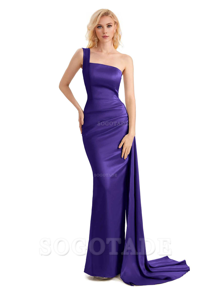 Elegant One Shoulder Soft Satin Mermaid Unique Long Bridesmaid Dresses Charming Evening Party Dress