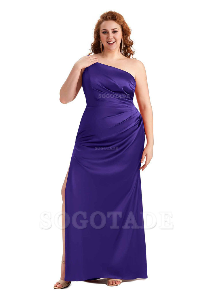 Sexy Side Slit One Shoulder Mermaid Soft Satin Long Plus Size Maid of Honour Dresses