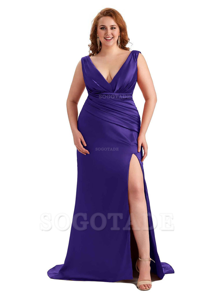 Elegant V-neck Side Slit Mermaid Soft Satin Long Plus Size Bridesmaid Dress For Wedding