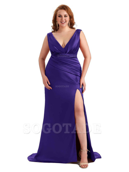 Elegant V-neck Side Slit Mermaid Soft Satin Long Plus Size Bridesmaid Dress For Wedding