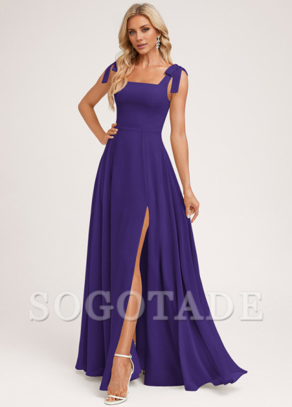 A-shaped square bow landing chiffon bridesmaid dress