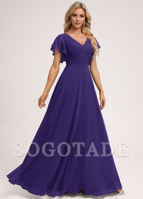 Ruffle A-line V-neck and floor chiffon bridesmaid dress