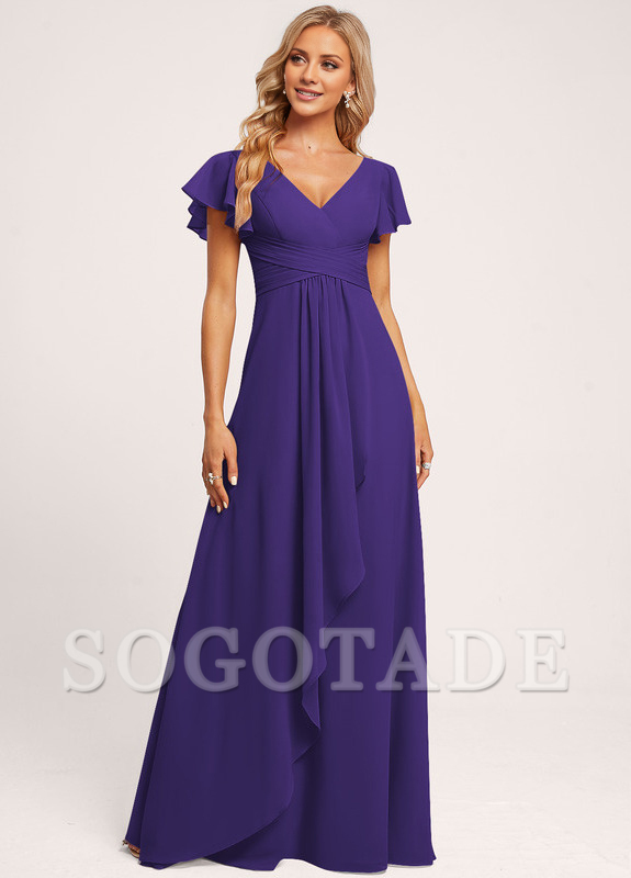 Ruffle A-line V-neck and floor chiffon bridesmaid dress
