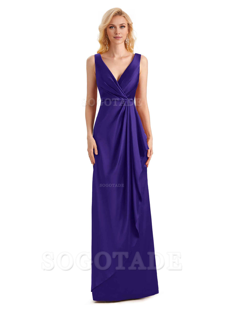 V Neck Elegant Soft Satin Formal Long Maid Bridesmaid Dresses Formal Wear Dresses