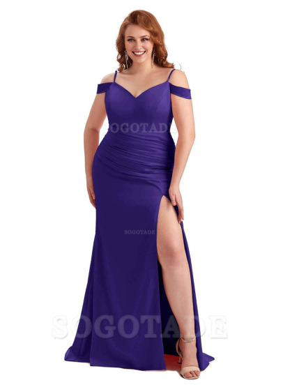 Sexy Side Slit Mermaid Cold Shoulder Soft Satin Long Plus Size Bridesmaid Dresses Online