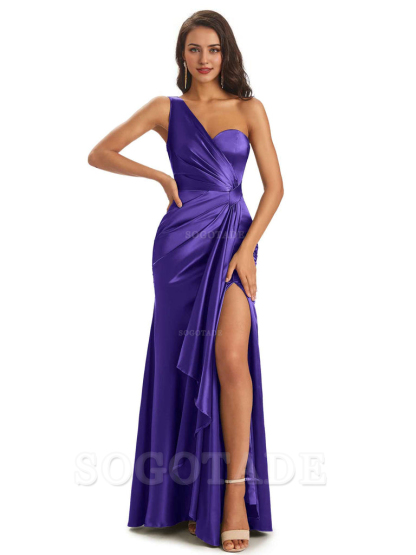 Elegant Soft Satin Side Slit One Shoulder Unique Mermaid Bridesmaid Dresses Online prom dresses shops