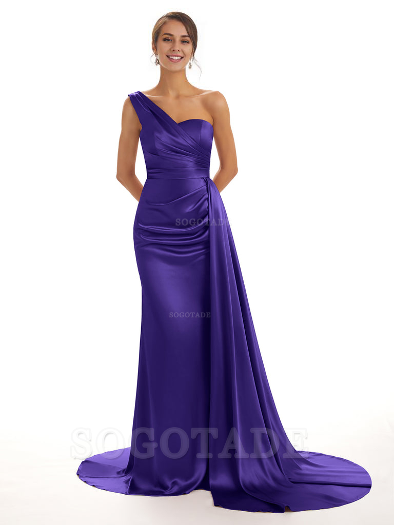 Elegant One Shoulder Soft Satin Unique Mermaid Long Bridesmaid Dresses Online prom dresses shops
