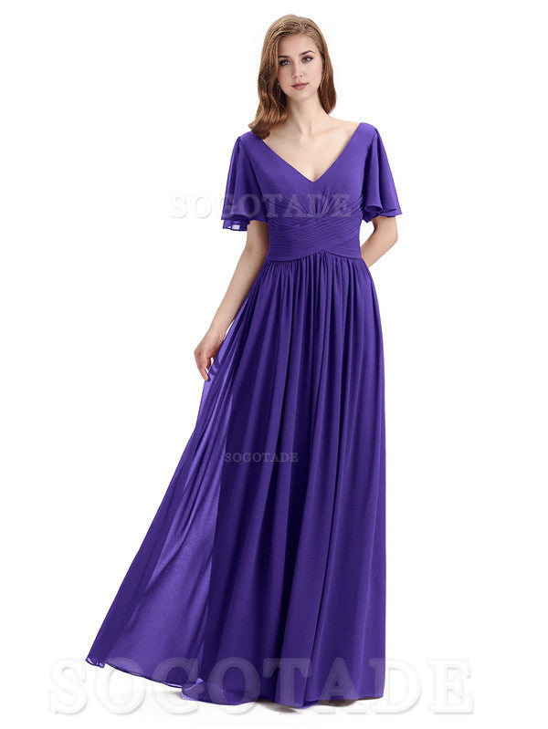 A-Line Chiffon Short Sleeves Elegant Floor-Length Bridesmaid Dresses Formal Women's Dresses Wedding Guests Dresses