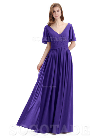 A-Line Chiffon Short Sleeves Elegant Floor-Length Bridesmaid Dresses Formal Women's Dresses Wedding Guests Dresses