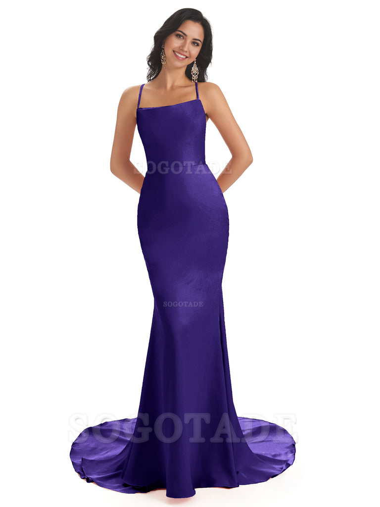 Mermaid Spaghetti Backless Straps Satin Long formal dresses evening gown Bridesmaid Dresses