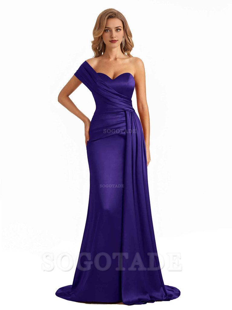 Elegant One Shoulder Soft Satin Long Mermaid Bridesmaid Dresses Online prom shop dresses ﻿