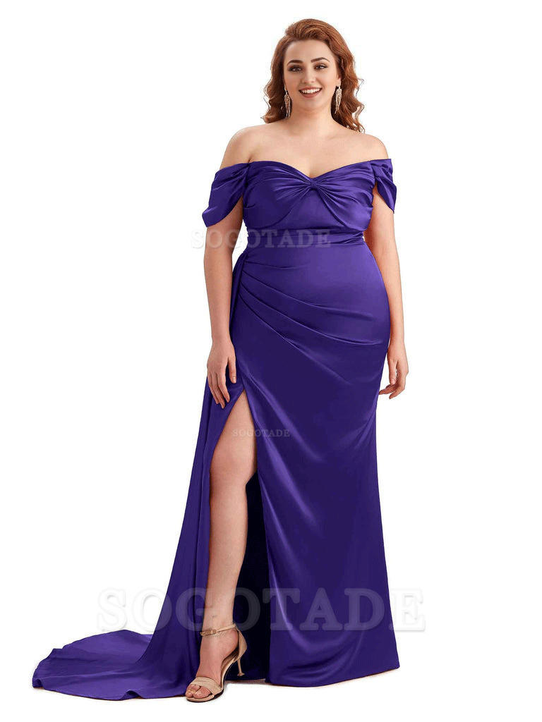  Sexy Side Slit Off The Shoulder Mermaid Soft Satin Long Plus Size Bridesmaid Dress For Wedding