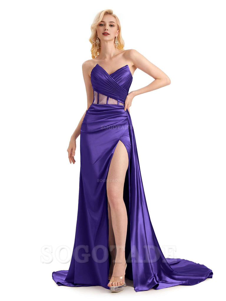 Sexy Soft Satin Side Slit See Through Floor-Length Long Mermaid Bridesmaid Dresses prom shop dresses